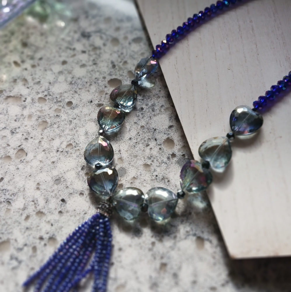 Crystal Glass hearts w/blue iridescent glass beaded tassel statement necklace